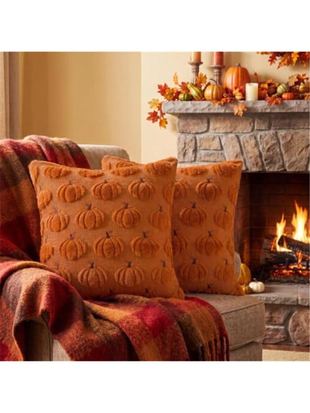 Fall Throw Pillow Covers 18x18 Set of 2 Rust Orange Pumpkin Decor - Picture 6 of 6